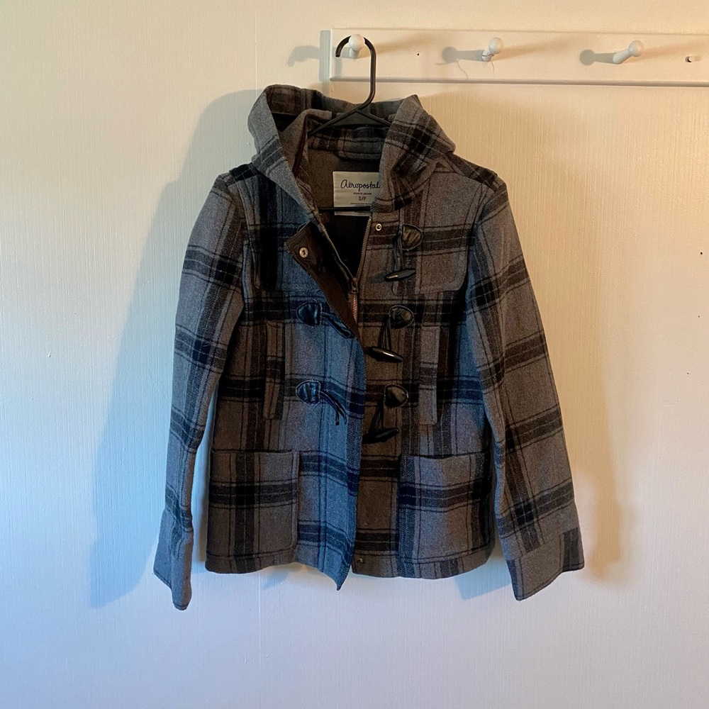 Aeropostale Women’s Gray & Black Plaid Wool Zip-Up Winter Coat with Hood Size S